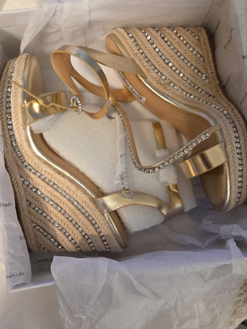 Charles David Gold Metallic Espadrille Wedges with Blingy T-Strap, Brand New. - Picture 7 of 8